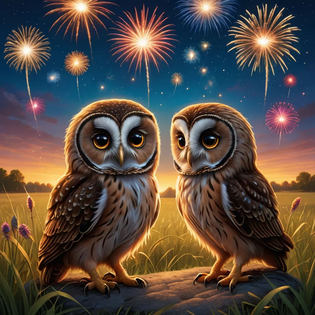two owls sitting on a rock with fireworks in the background at night time, with a sky full of stars, fantasy art, an airbrush painting, Dan Mumford, official art