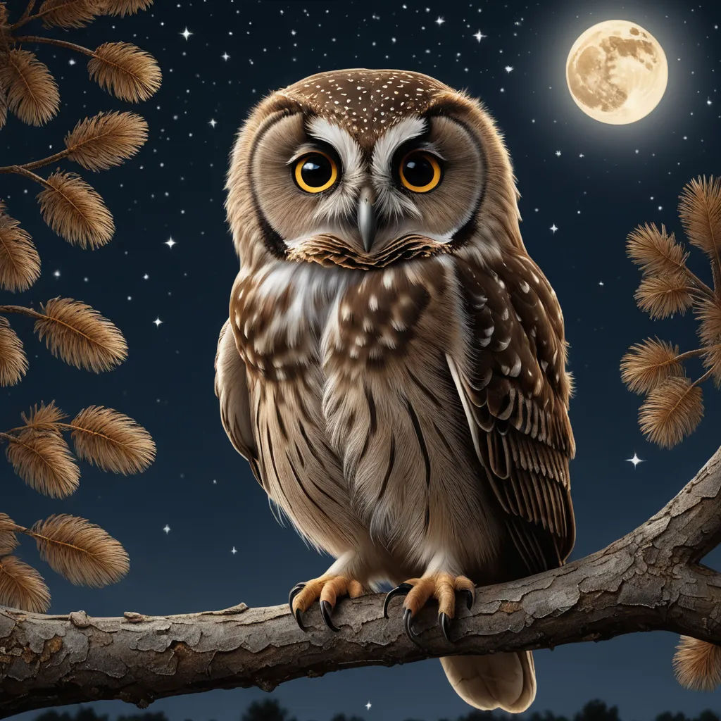 a painting of an owl sitting on a branch with a full moon in the background and a tree branch with leaves, fantasy art, a storybook illustration, Dan Mumford, highly detailed digital painting