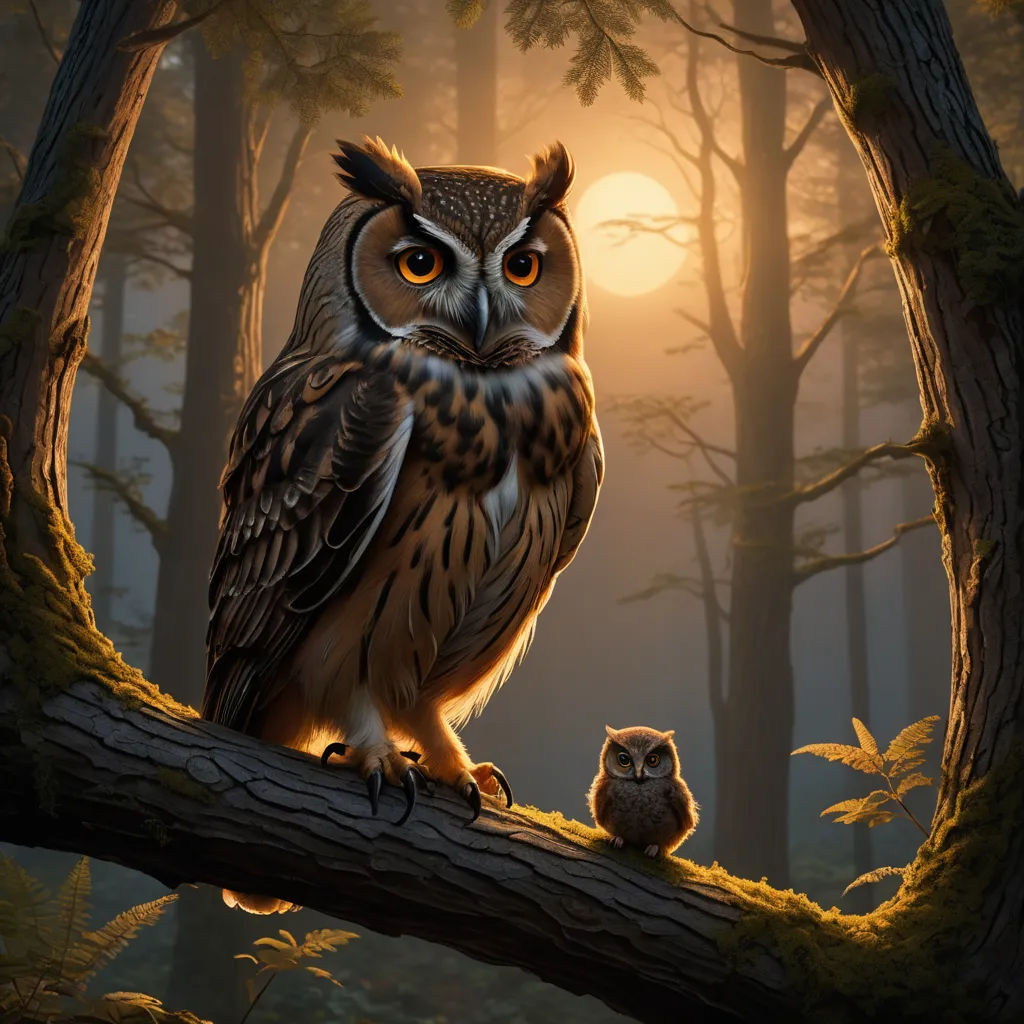 an owl and its baby sitting on a tree branch in a forest at night with the sun shining through the trees, fantasy art, a storybook illustration, Dan Mumford, highly detailed digital painting