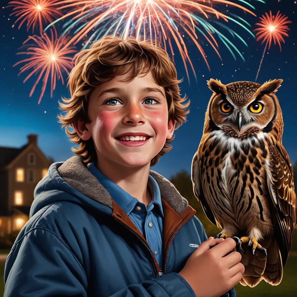 a boy holding an owl in front of a fireworks display with a house in the background and a sky full of fireworks, american scene painting, a photorealistic painting, Bob Byerley, highly detailed digital painting