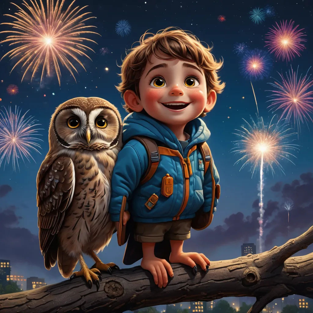 a boy with a backpack and an owl on a branch with fireworks in the background and a city skyline, sots art, a storybook illustration, Chris LaBrooy, highly detailed digital painting