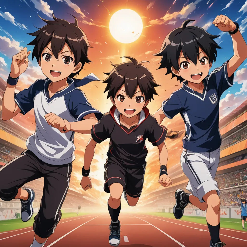 three young boys running on a track in front of a stadium with the sun in the background and a sky background, rayonism, an album cover, Baiōken Eishun, anime key visual