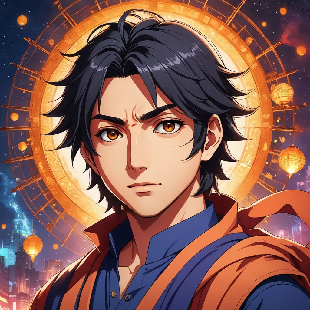 a man with black hair and a blue shirt in front of a cityscape with lights and lanterns, space art, a character portrait, Cedric Seaut (Keos Masons), official art