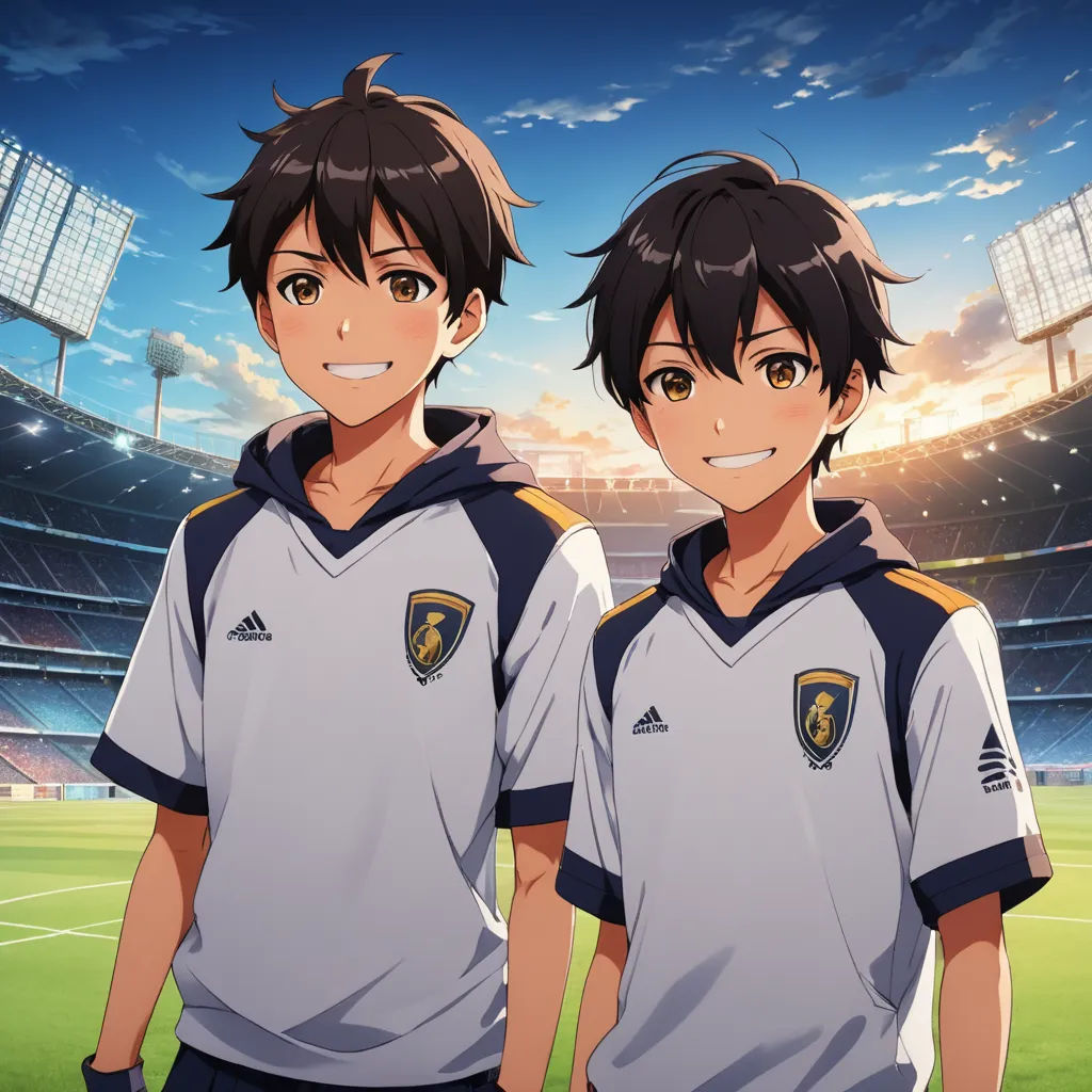 two young men standing next to each other on a soccer field in front of a stadium with a sky background, sots art, concept art, Ai-Mitsu, official art