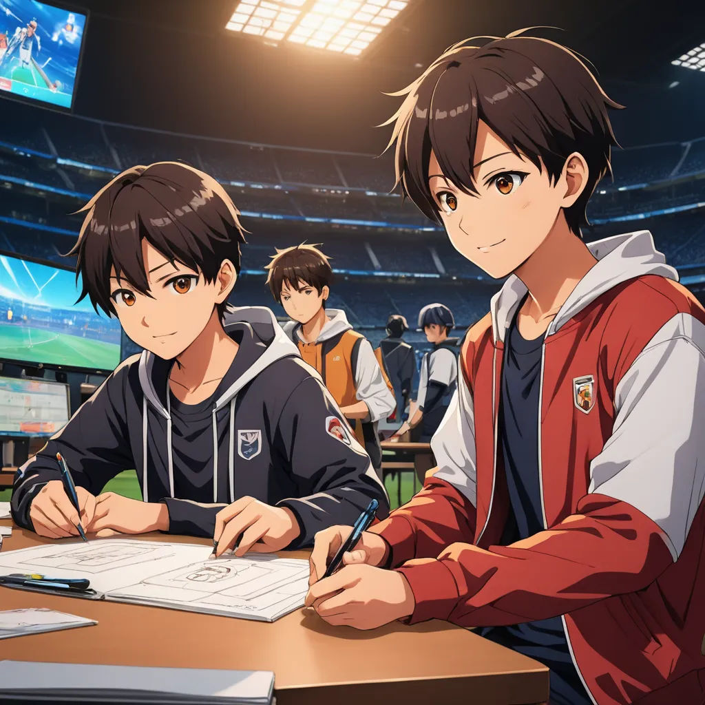 two young men sitting at a table in front of a laptop computer in a sports stadium with a television screen in the background, sots art, concept art, Ai-Mitsu, official art