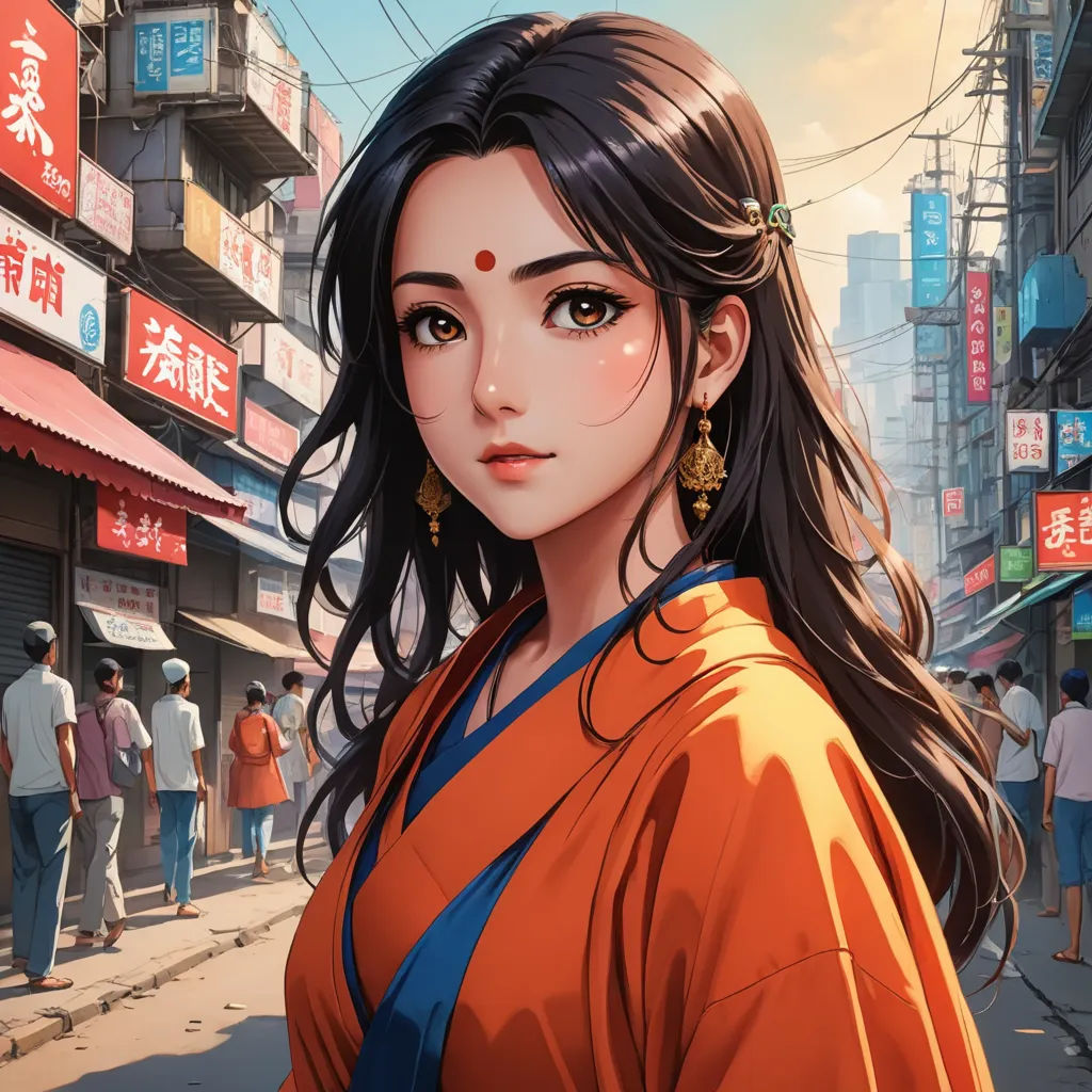 a woman in an orange top standing on a street corner with people walking by and buildings in the background, fantasy art, a detailed painting, Artgerm, stanley artgerm lau