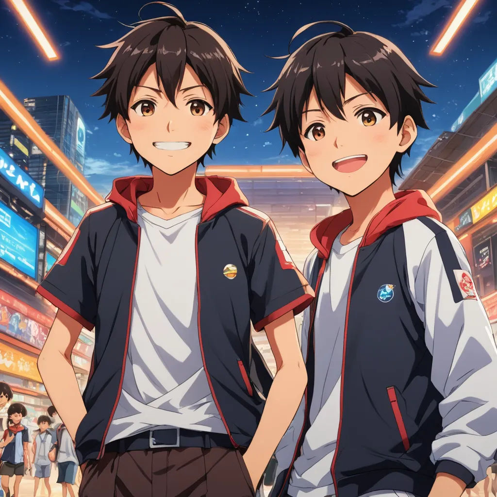 two anime characters standing in a stadium with their hands on their hipss and looking at the camera with a smile, sots art, concept art, Ai-Mitsu, official art