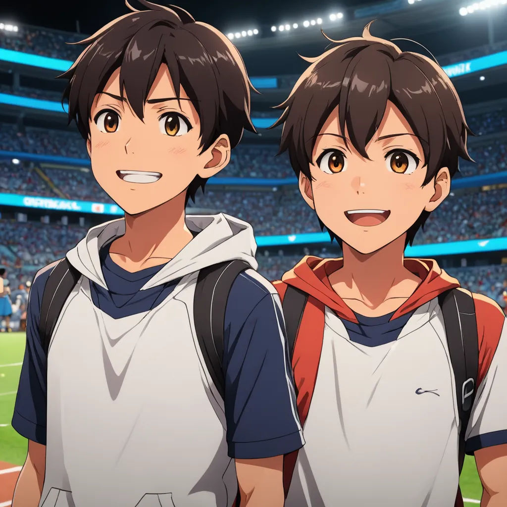 two anime boys in a stadium with a stadium in the background and a stadium full of people in the background, rayonism, concept art, Adam Manyoki, official art