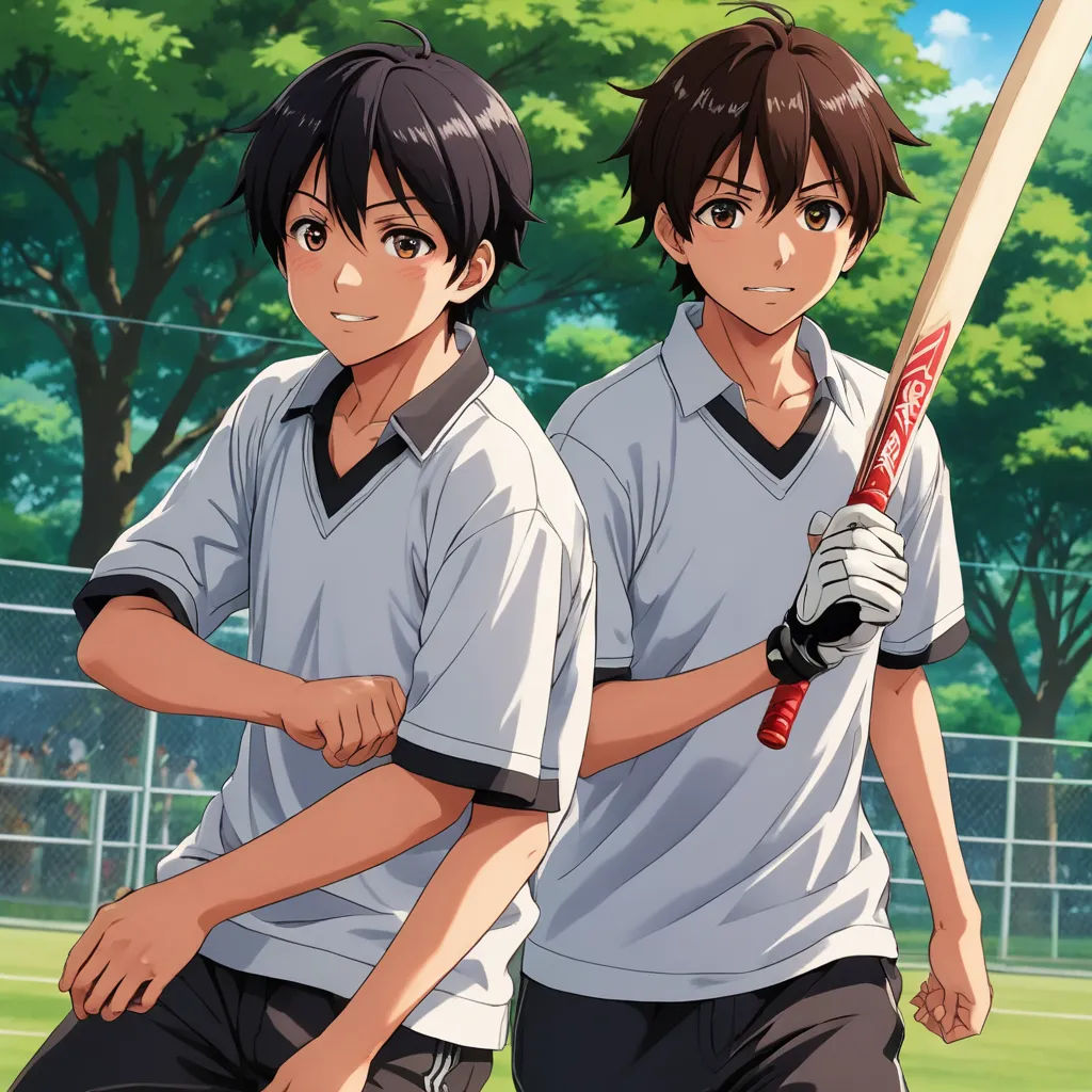 two young men holding baseball bats on a field of grass and trees in the background, with a fence in the foreground, rayonism, an album cover, Ai-Mitsu, official art
