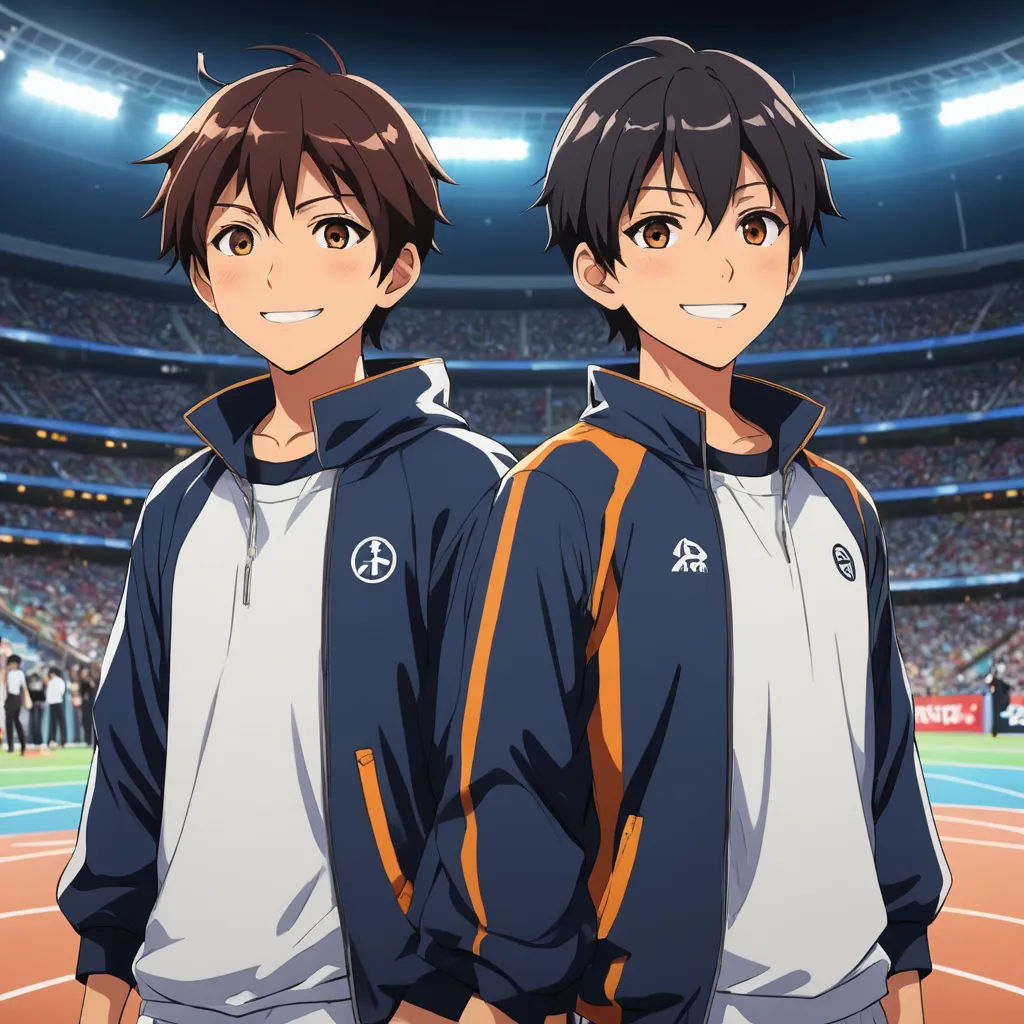 two anime characters standing in front of a stadium looking at the camera with a stadium in the background and a stadium full of people, sots art, an album cover, Aguri Uchida, official art