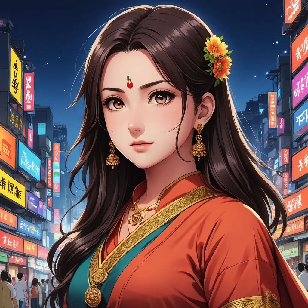a woman in a red dress standing in front of a cityscape at night with a sunflower in her hair, cloisonnism, a character portrait, Ella Guru, city background