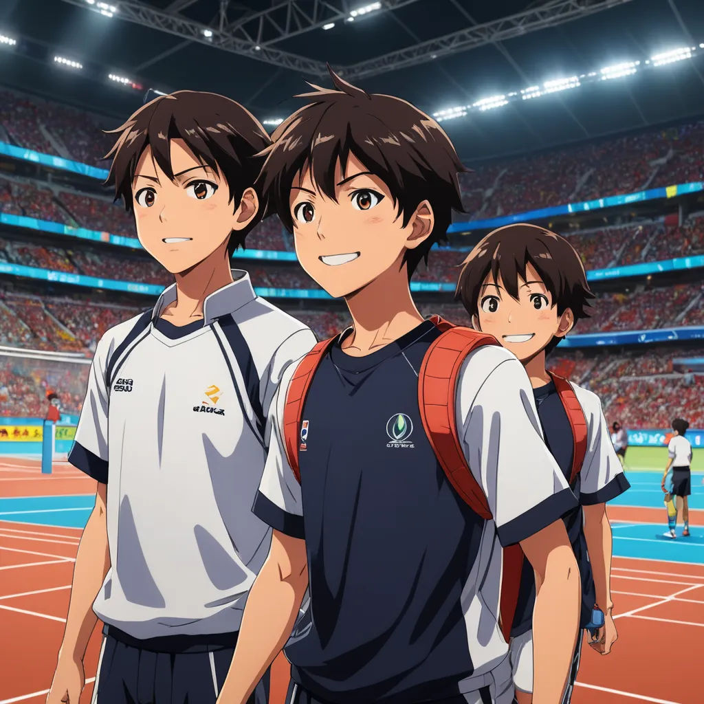 two young men standing on a tennis court in front of a crowd of people with backpacks on their shoulders, rayonism, concept art, Adam Manyoki, official art
