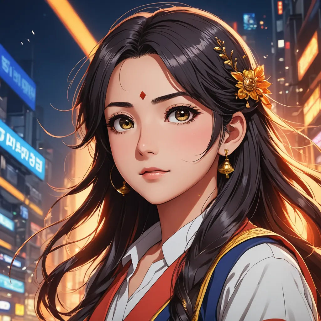 a girl with long hair and a flower in her hair in a city at night with lights on the buildings, fantasy art, a character portrait, Artgerm, rossdraws global illumination