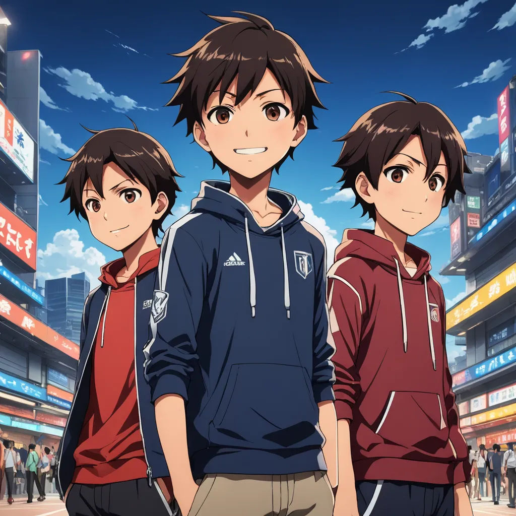 three young men standing in front of a stadium in a city with tall buildings and a blue sky in the background, rayonism, concept art, Ai-Mitsu, anime key visual