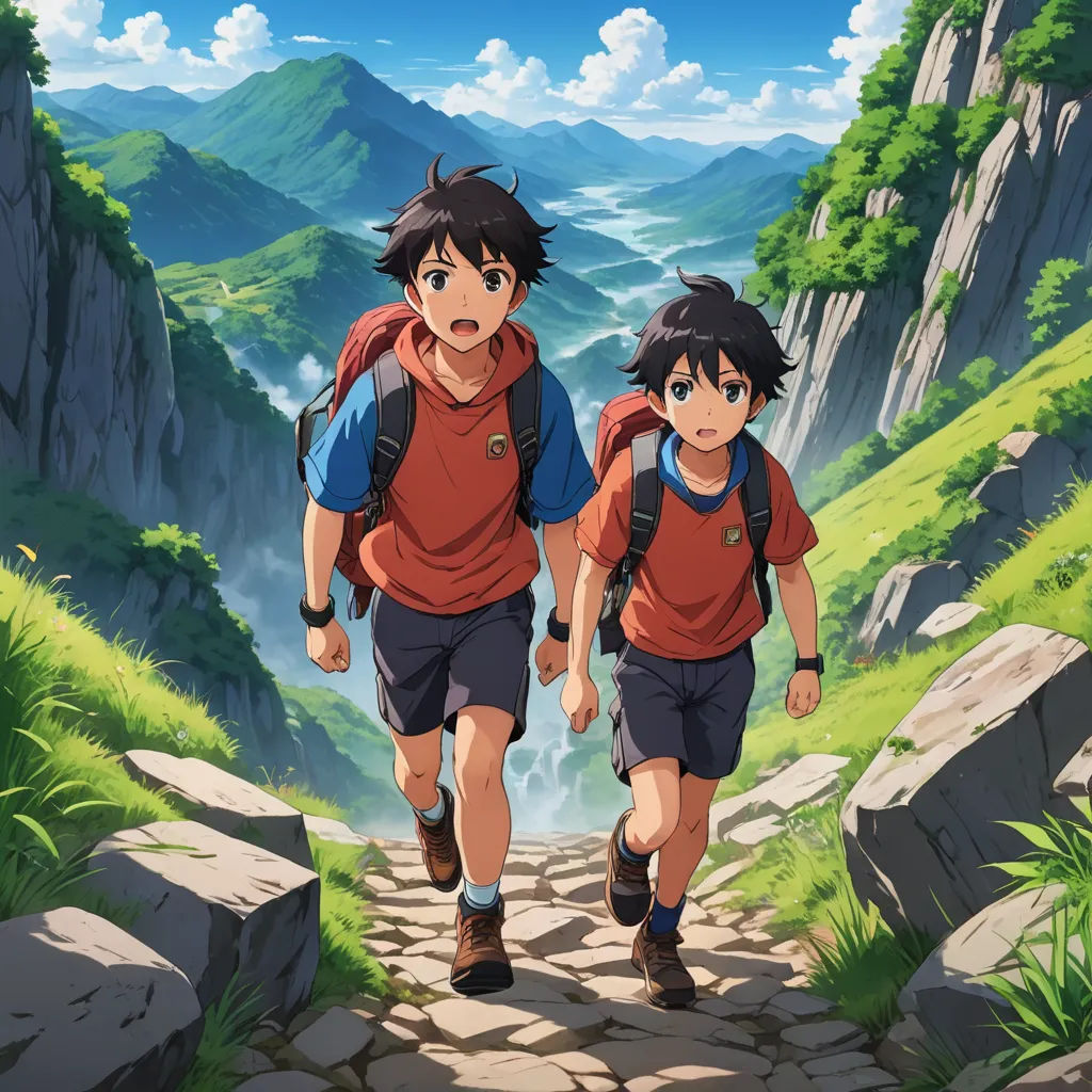 two people walking down a path in the mountains with backpacks on their backs and a backpack on their back, sots art, poster art, Ai-Mitsu, official art