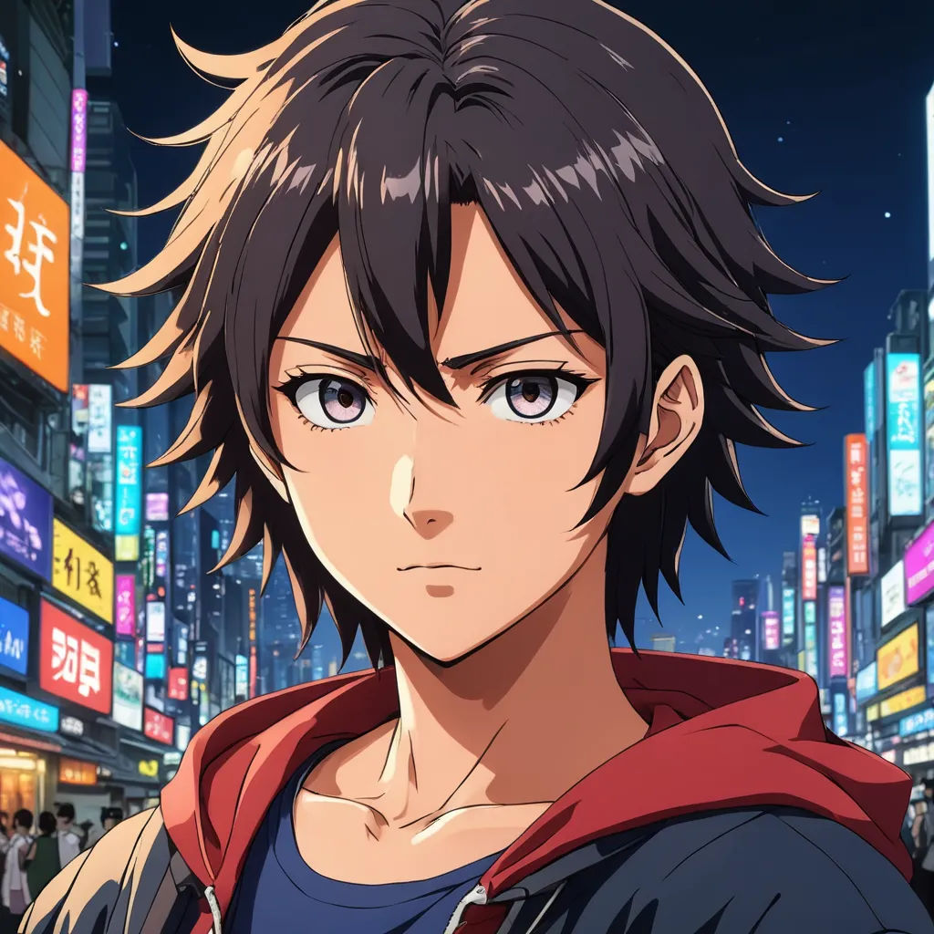 a man with black hair and blue eyes in a city at night with neon signs and buildings in the background, serial art, a character portrait, Cedric Seaut (Keos Masons), official art