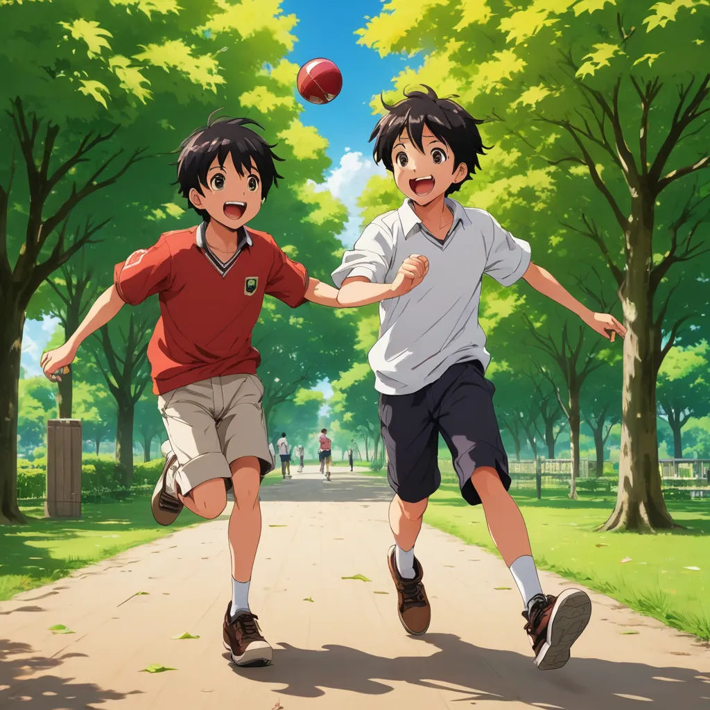 two young boys playing with a ball in a park with trees and grass on either side of the road, rayonism, concept art, Baiōken Eishun, official art
