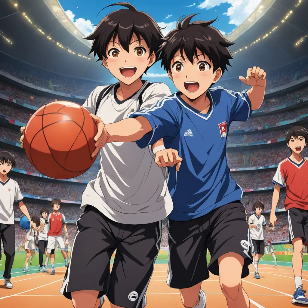 two young men holding a basketball on a basketball court in front of a crowd of people in a stadium, rayonism, a poster, Baiōken Eishun, official art