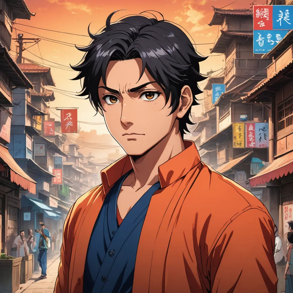 a man in an orange shirt standing in front of a street with buildings and people in the background with asian characters, aestheticism, a character portrait, Cedric Seaut (Keos Masons), official art