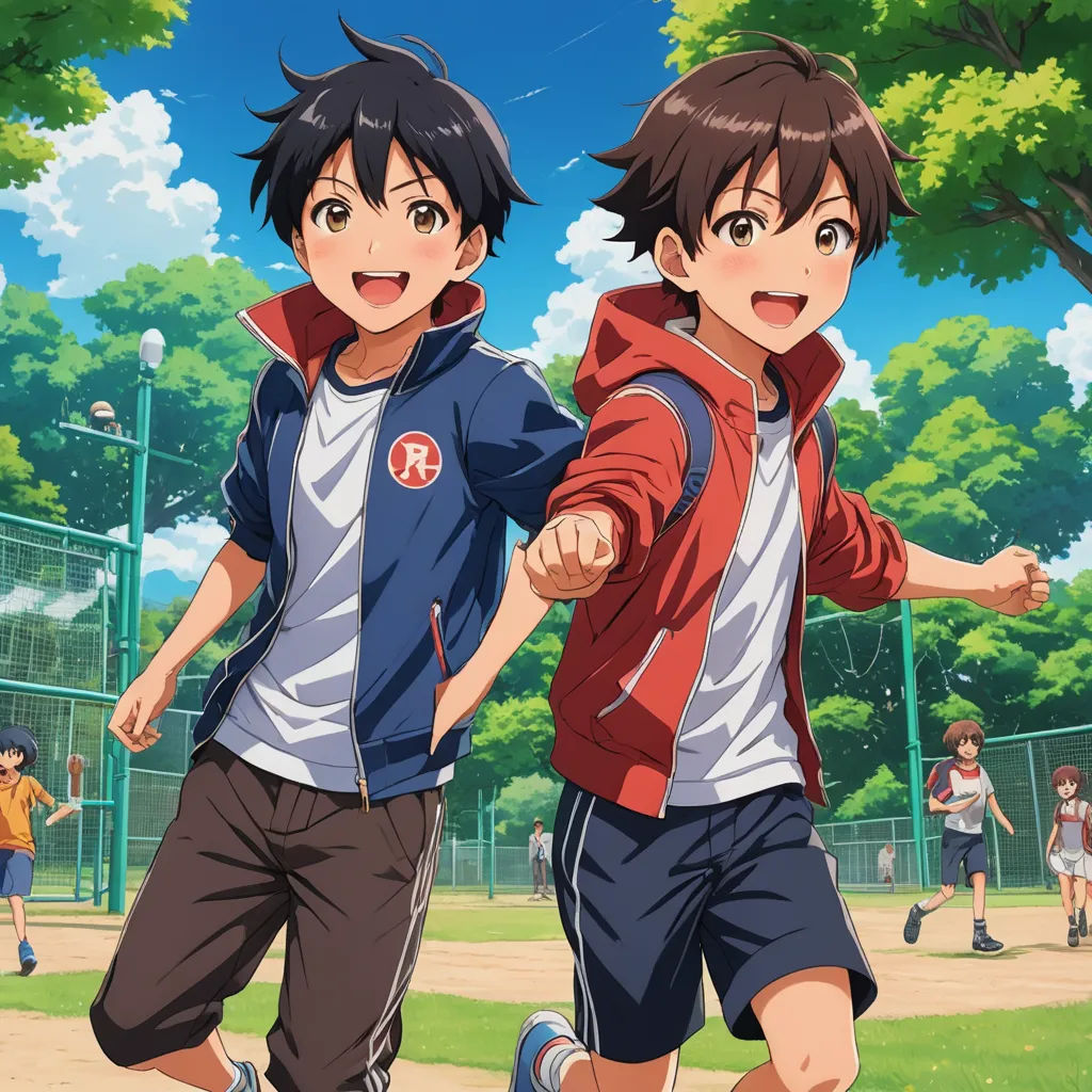 two young boys running in a park with trees in the background and a tennis court in the foreground, rayonism, an album cover, Ai-Mitsu, official art