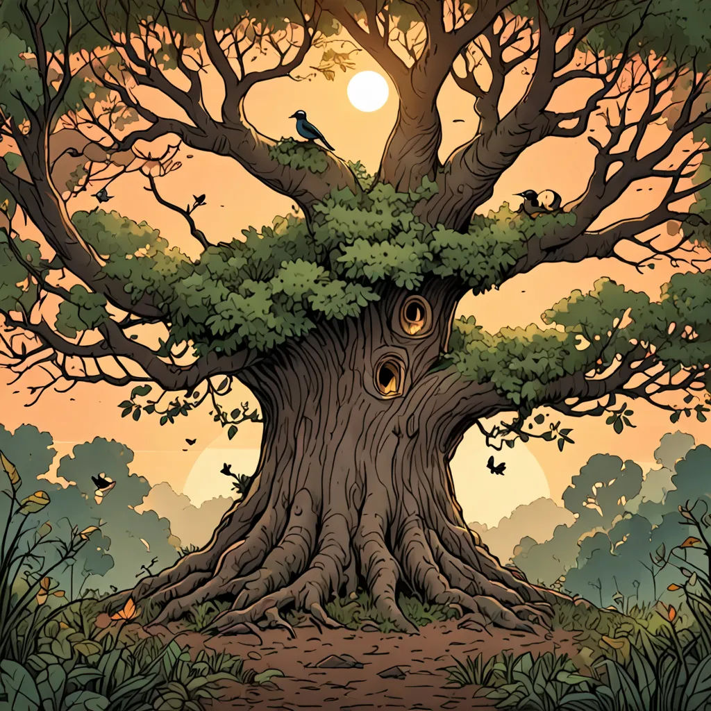 a tree with a bird sitting on it's trunk and eyes in the tree trunk, with a sunset in the background, fantasy art, a storybook illustration, Dan Mumford, comic cover art