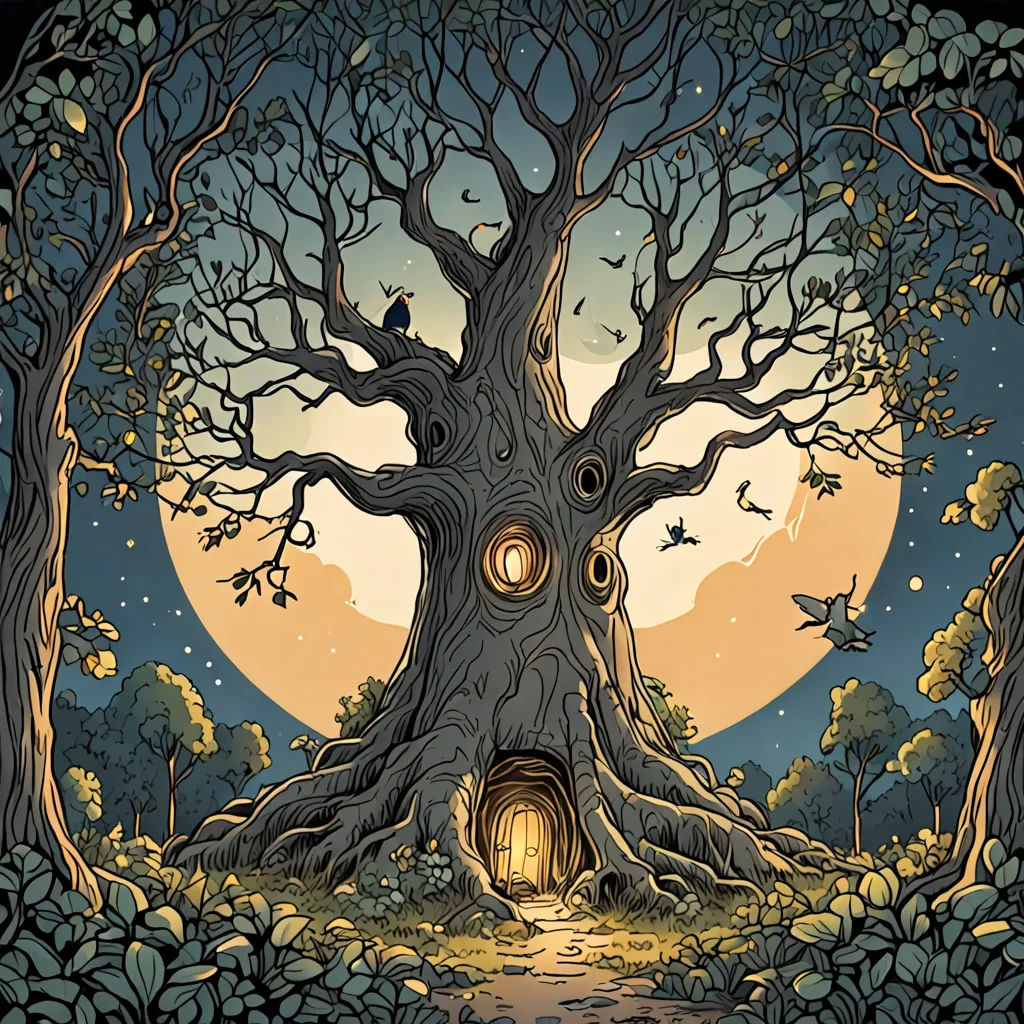 a tree with a light in it surrounded by leaves and a full moon in the background with a path leading to a door, fantasy art, a storybook illustration, Dan Mumford, storybook illustration