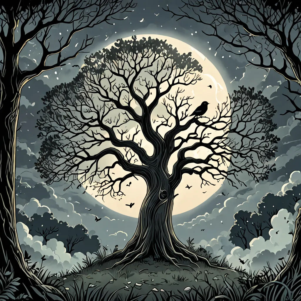 a tree with a bird sitting on it in front of a full moon with clouds and birds flying around, gothic art, a storybook illustration, Dan Mumford, behance hd