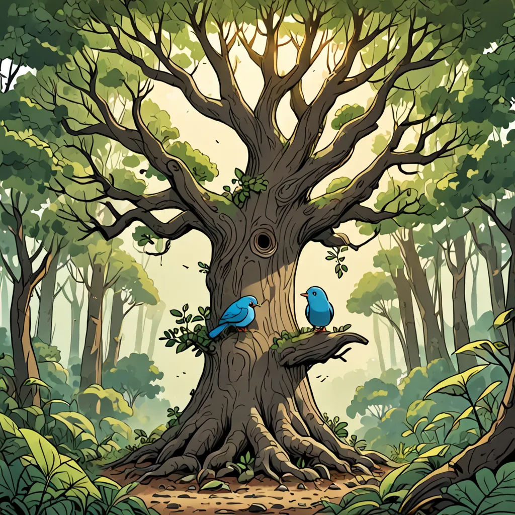 a painting of two birds sitting on a tree in a forest with a sun shining through the trees behind them, fantasy art, a storybook illustration, Chris LaBrooy, rossdraws global illumination