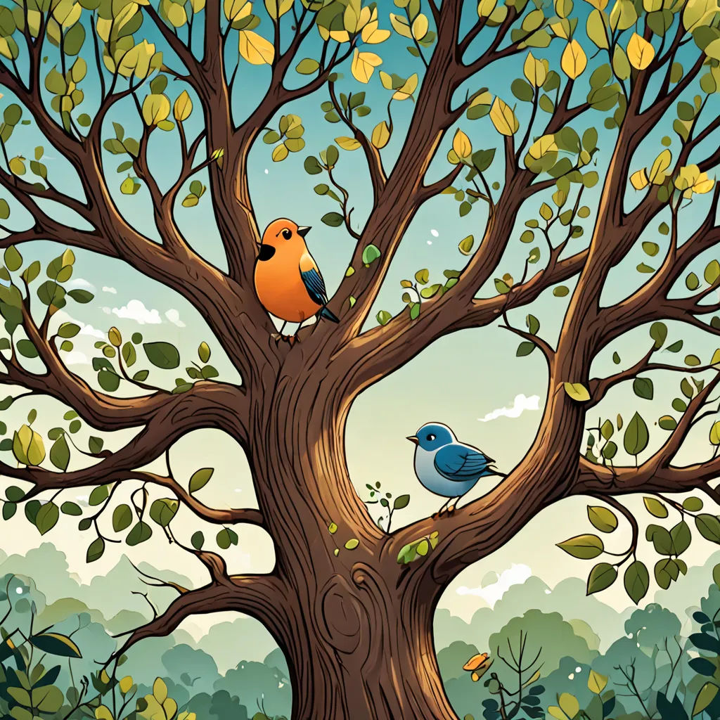 a painting of two birds sitting on a tree branch in a forest with leaves and a sky background with clouds, naturalism, a storybook illustration, Chris LaBrooy, birds