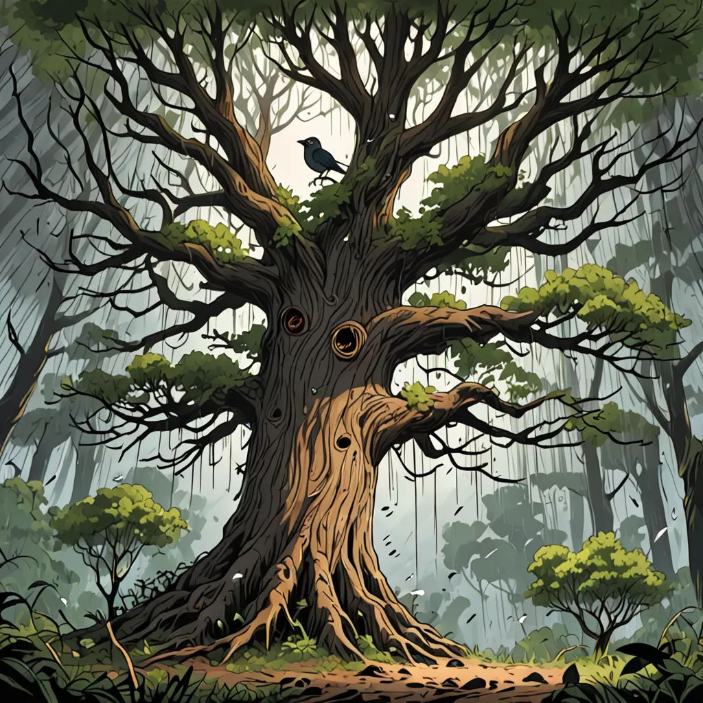 a tree with a bird sitting on it's trunk in the middle of a forest with a bird perched on it, fantasy art, a storybook illustration, Chris LaBrooy, storybook illustration