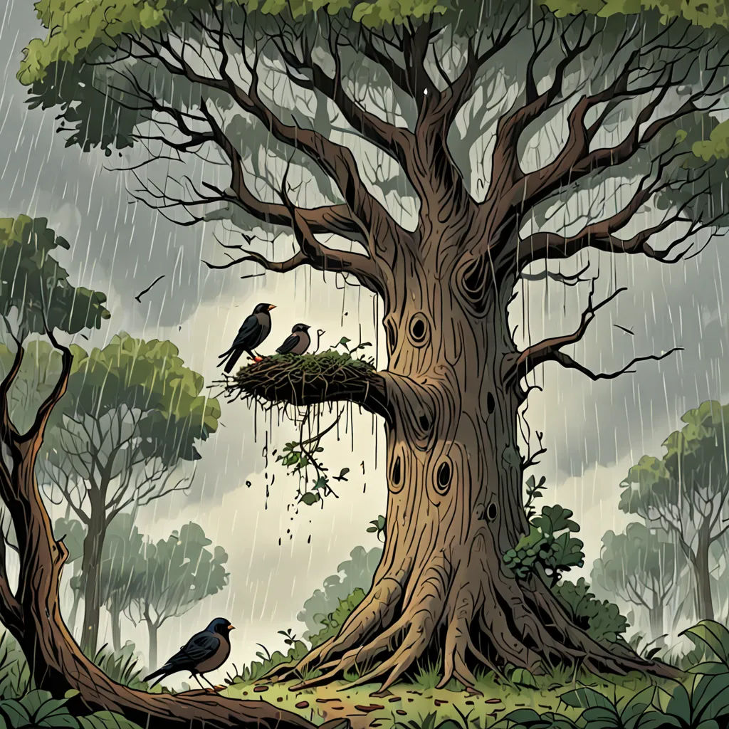 a tree with birds sitting on it in the rain under a cloudy sky with rain falling down on the ground, naturalism, a storybook illustration, Ernst Thoms, storybook illustration