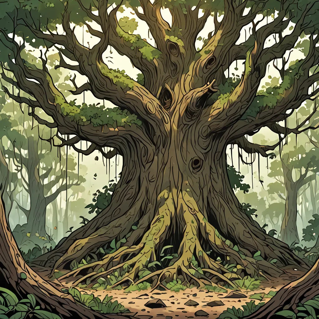 a large tree with a lot of branches and leaves on it's sides in a forest with a dirt path, fantasy art, a storybook illustration, Asaf Hanuka, forest