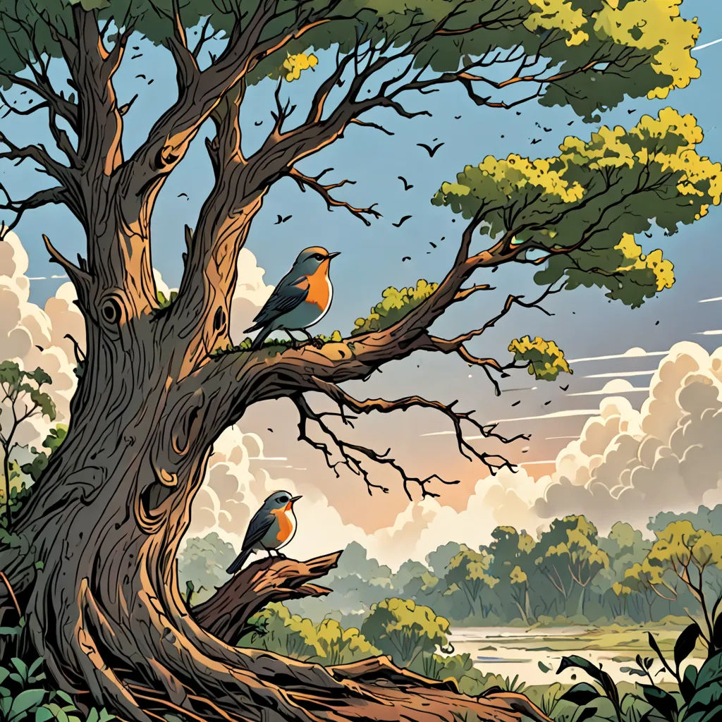 a painting of birds perched on a tree branch in a forest with a river in the background and clouds in the sky, environmental art, a storybook illustration, Dan Mumford, josan gonzales and dan mumford