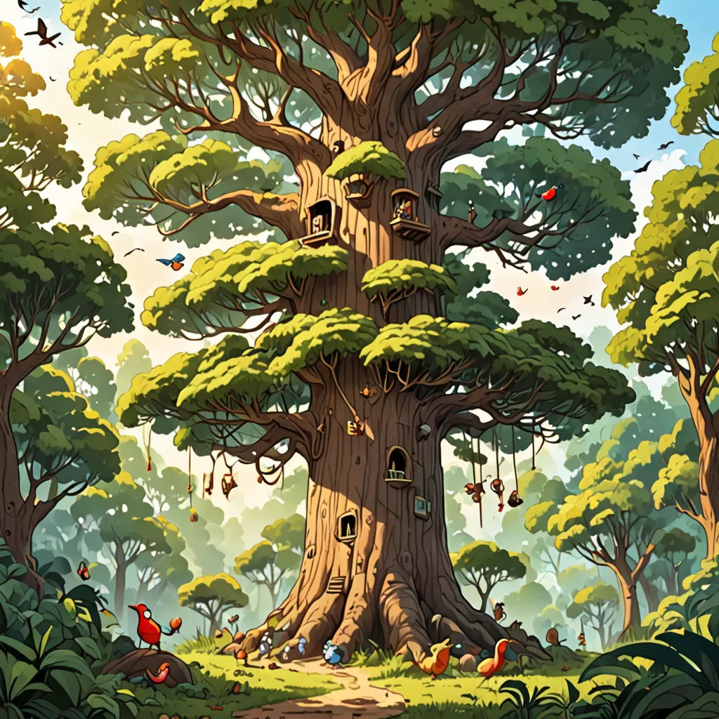 a painting of a tree with a lot of birds in it and a birdhouse in the middle of the tree, fantasy art, a storybook illustration, Chris LaBrooy, storybook illustration