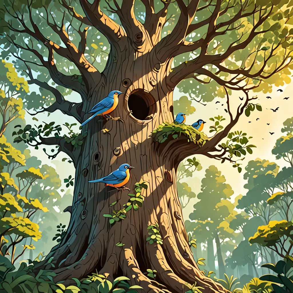 a painting of a tree with birds in it and a hole in the trunk of it that is filled with leaves, environmental art, a storybook illustration, Chris LaBrooy, highly detailed digital painting