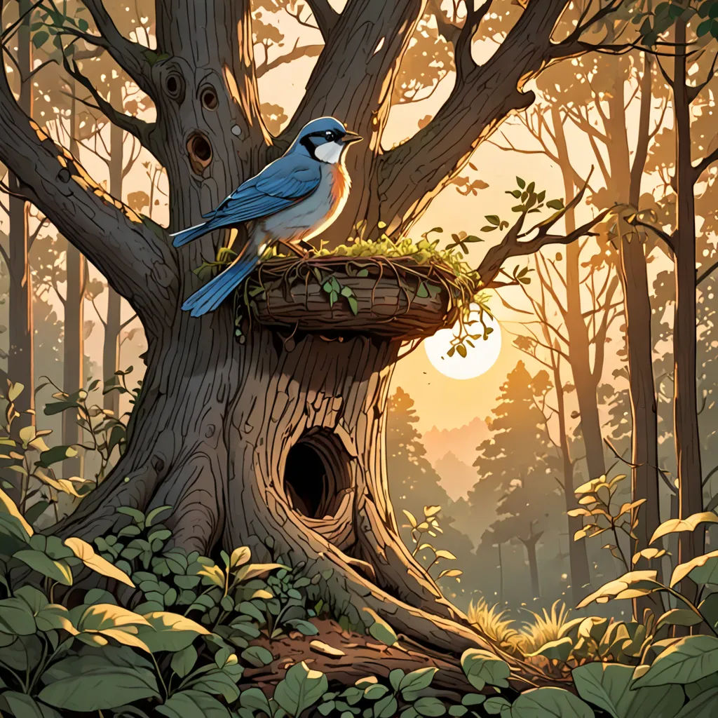 a bird is sitting on a tree stump in the woods with a birdhouse in the background and a sun setting, fantasy art, a storybook illustration, Chris LaBrooy, rossdraws global illumination