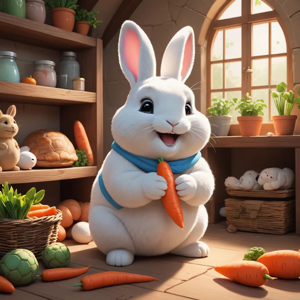 a white rabbit holding a carrot in a room full of carrots and other vegetables and a basket of eggs, furry art, an ambient occlusion render, Beatrix Potter, rossdraws global illumination