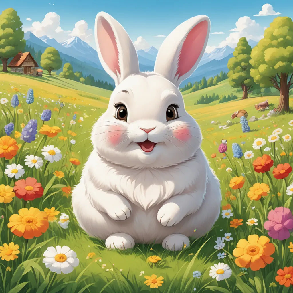 a white rabbit sitting in a field of flowers and grass with a house in the background and a blue sky, furry art, a character portrait, Chris LaBrooy, official art