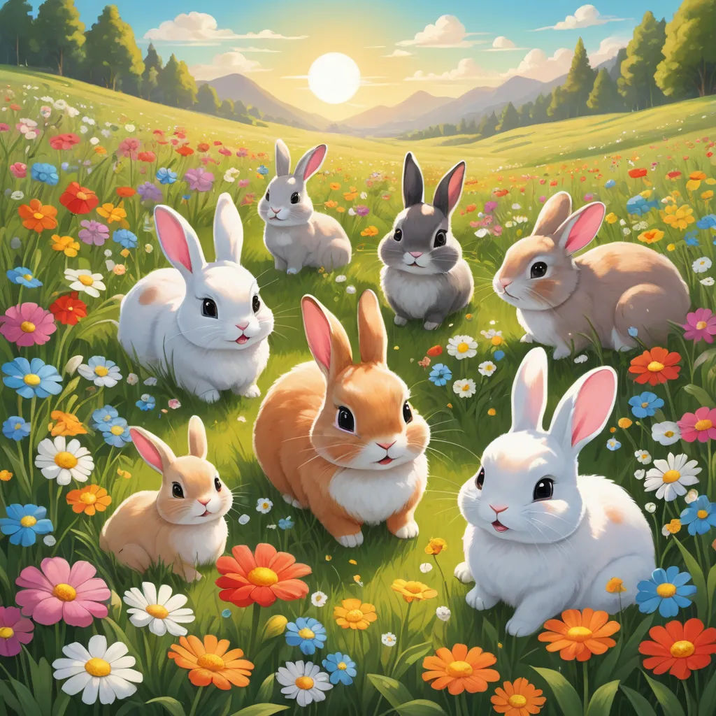 a painting of rabbits in a field of flowers and daisies with the sun in the background and a setting sky, furry art, a fine art painting, Chris LaBrooy, rossdraws global illumination