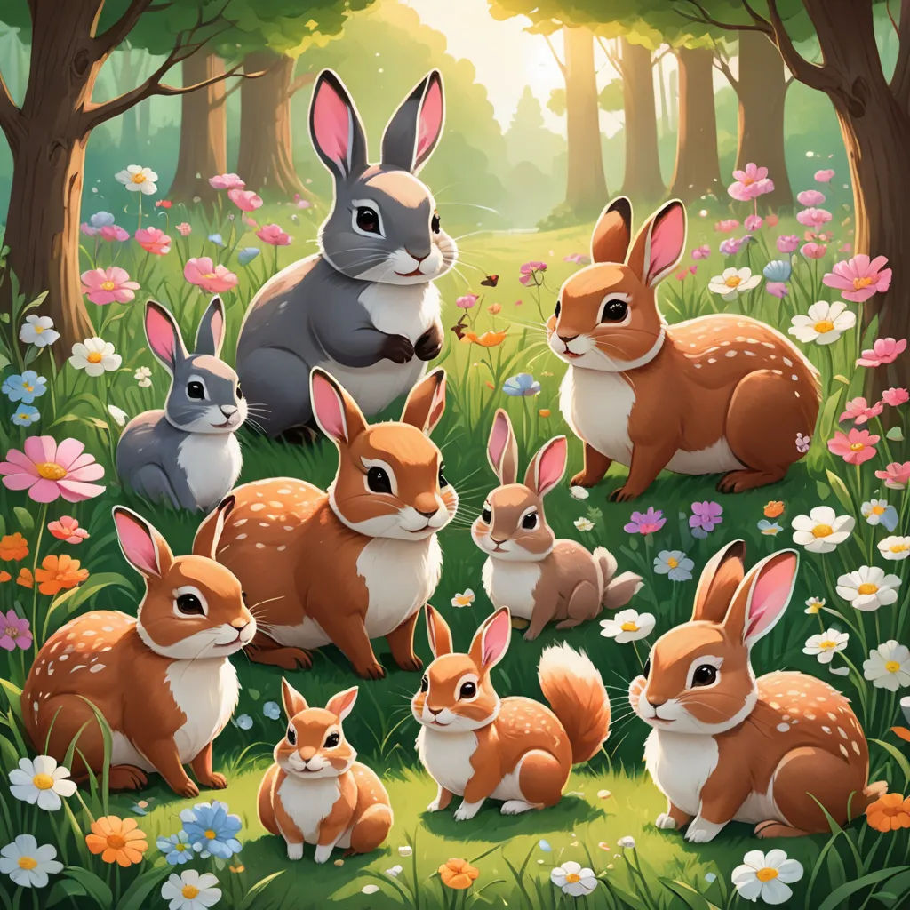 a group of rabbits sitting in the grass near trees and flowers in a forest with flowers and butterflies around them, furry art, a detailed painting, Chris LaBrooy, rossdraws global illumination