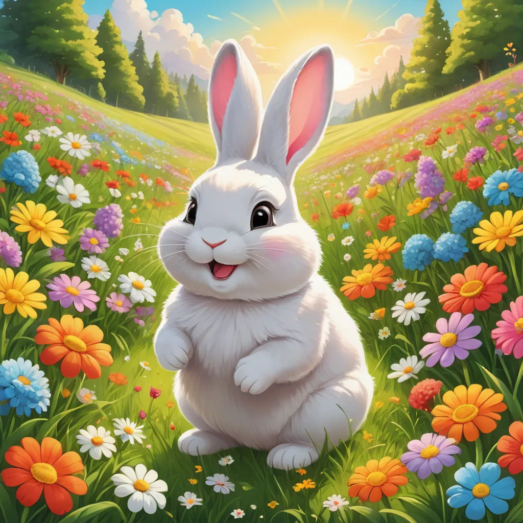 a painting of a white rabbit sitting in a field of flowers with a sun in the background and a forest in the background, furry art, a fine art painting, Beatrix Potter, rossdraws global illumination