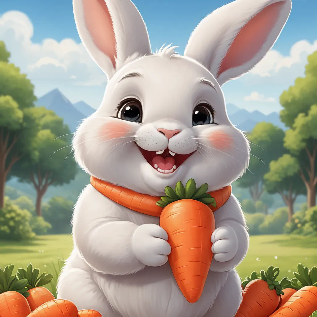 a white rabbit holding a carrot in a field of grass and trees with mountains in the background, with a sky background, furry art, a character portrait, Beatrix Potter, cute and funny