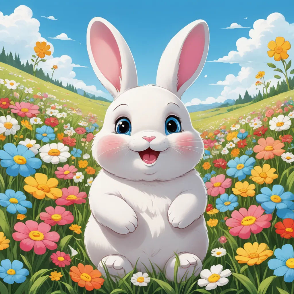 a white rabbit sitting in a field of flowers with a sky background and clouds in the background, with a blue sky and clouds, furry art, a character portrait, Beatrix Potter, official art