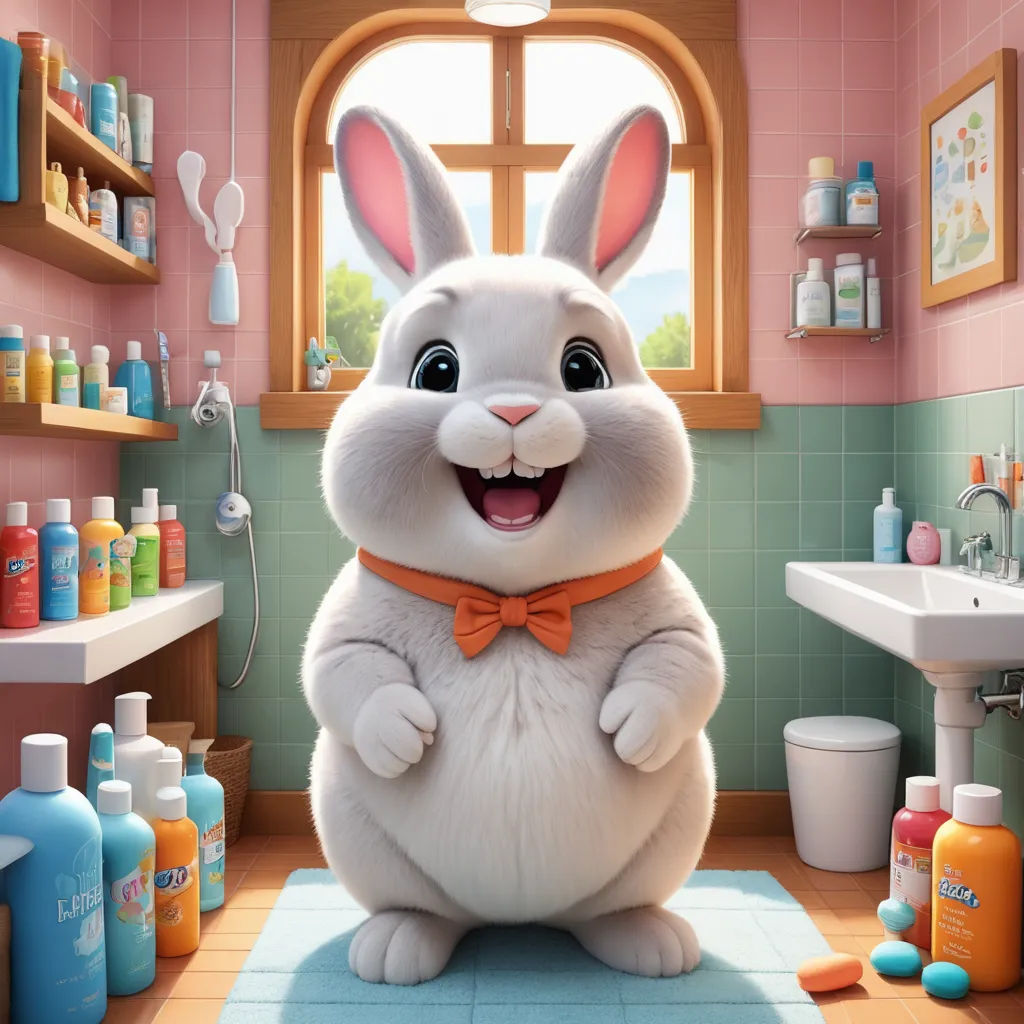 a cartoon bunny is standing in a bathroom with a lot of bottles of soap on the floor and a sink, furry art, a character portrait, Chris LaBrooy, rossdraws global illumination