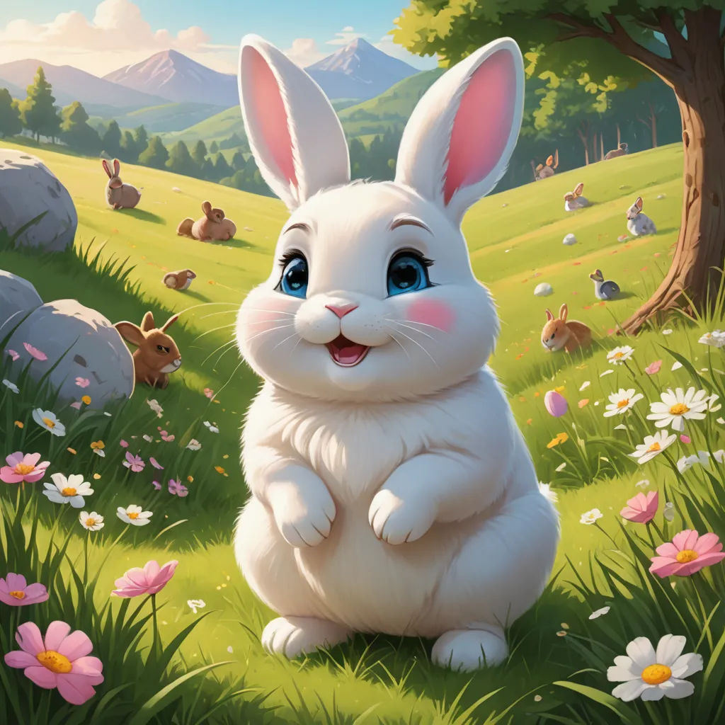 a white rabbit sitting in a field of flowers and grass with a forest in the background and a sky with clouds, furry art, an airbrush painting, Chris LaBrooy, rossdraws global illumination