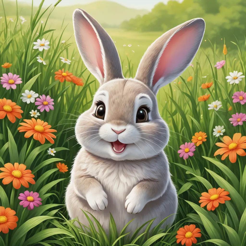 a rabbit sitting in a field of flowers with a green field in the background and a hill in the background, furry art, a character portrait, Beatrix Potter, cheerful