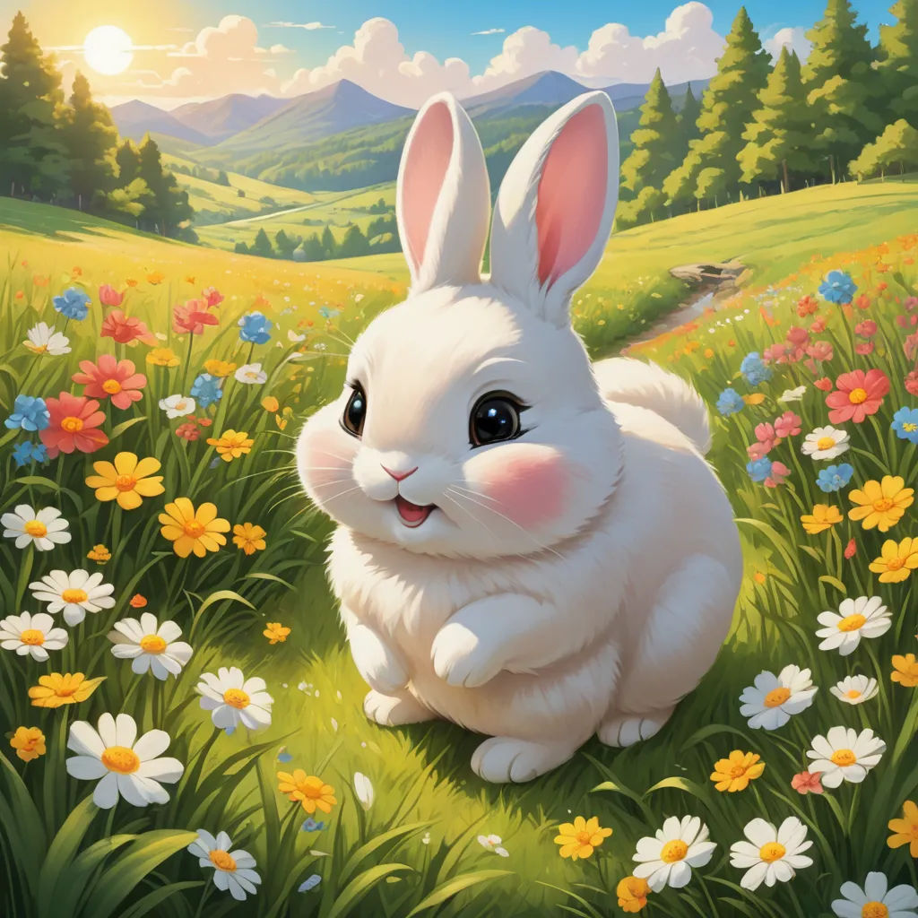 a painting of a white rabbit sitting in a field of flowers with a bird in the background and a bird on the grass, furry art, a fine art painting, Chris LaBrooy, official art