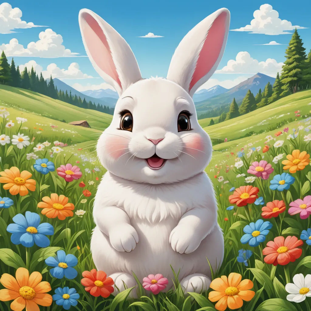 a white rabbit sitting in a field of flowers with a mountain in the background and a blue sky with clouds, furry art, a character portrait, Ed Binkley, highly detailed digital painting