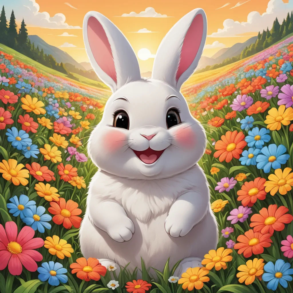 a white rabbit sitting in a field of flowers with a sunset in the background and a field of flowers, furry art, a character portrait, Beatrix Potter, rossdraws global illumination