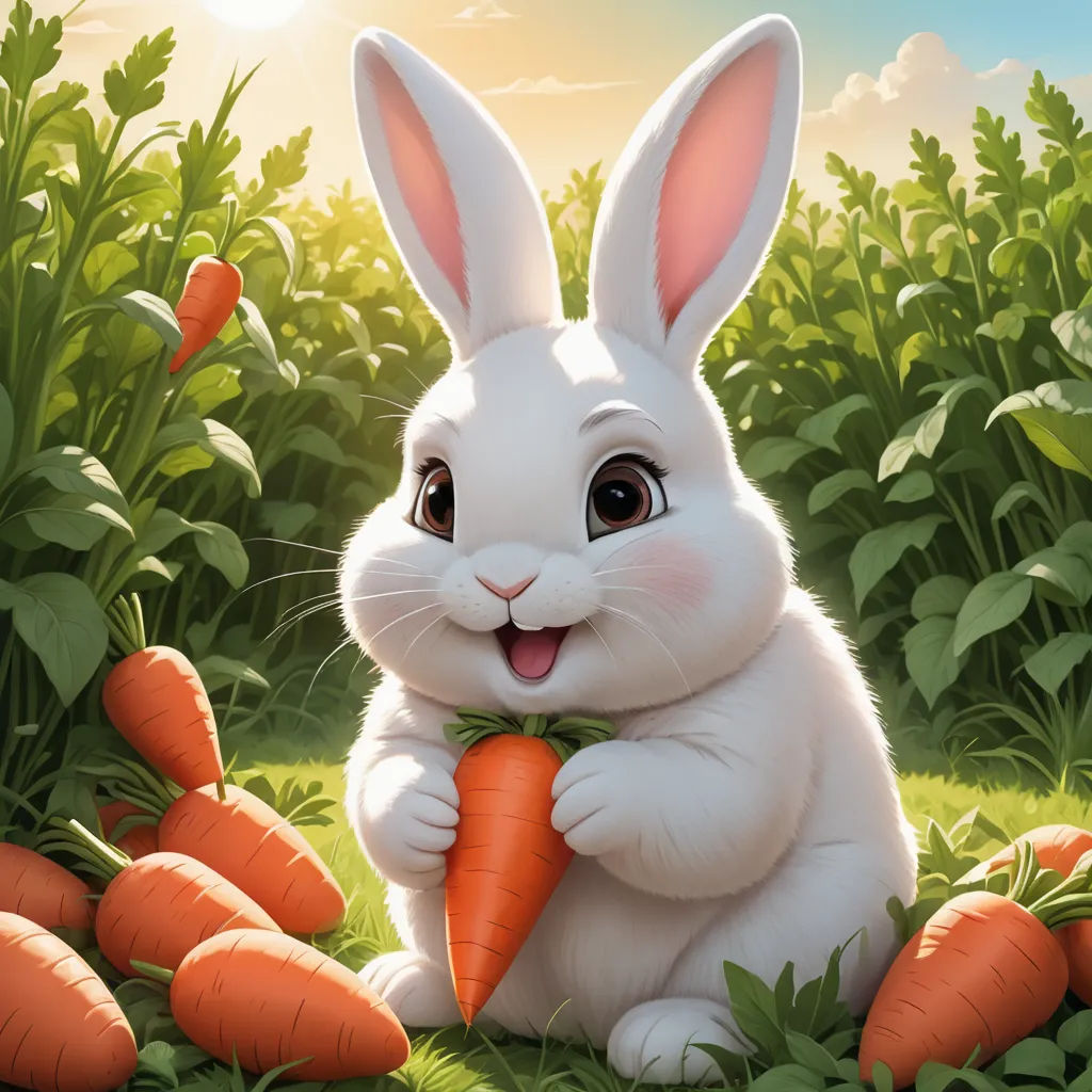 a white rabbit holding a carrot in a field of grass and bushes with the sun shining behind it and a blue sky, furry art, a digital painting, Beatrix Potter, cute and funny